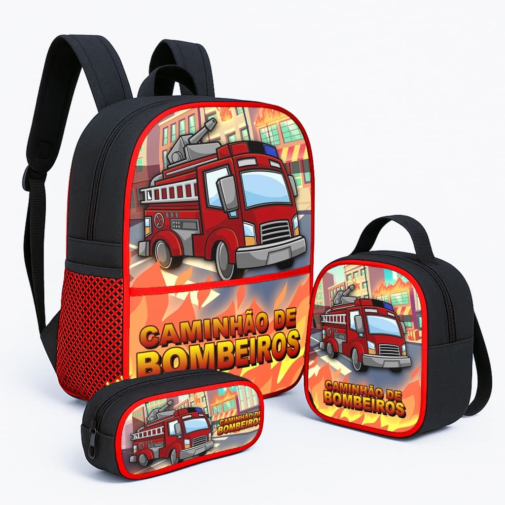 Kit Mochila Escolar Infantil Menino Caminhão de Bombeiro Lancheira Térmica e Estojo Simples Resistente – Até 5 Anos