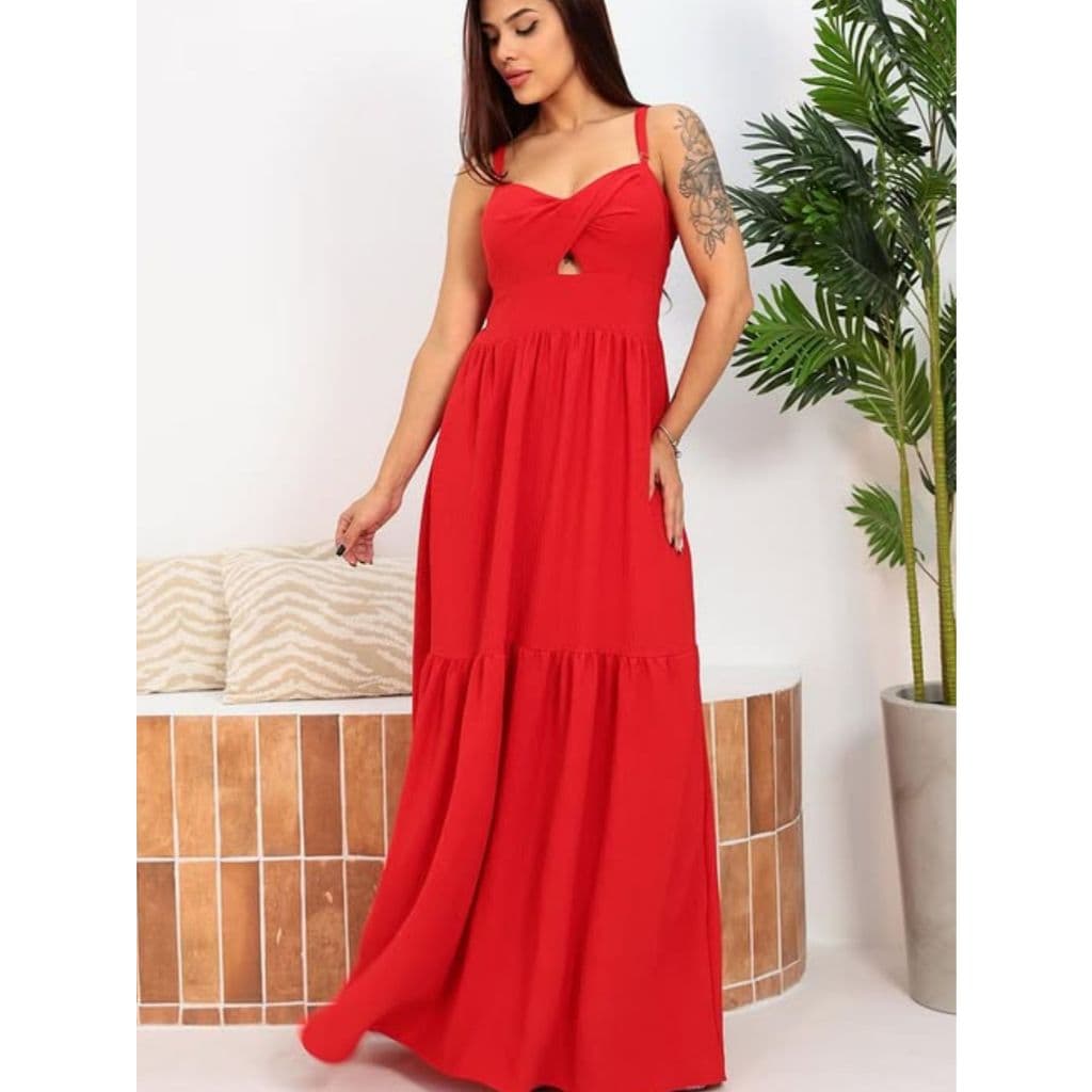 VESTIDO LONGO VERMELHO FESTA TOP CRUZADO VERMELHO NATAL ELEGANTE FLUIDO