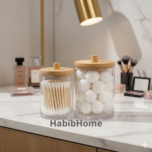 Porta Cotonete e Algodão Acrílico com Tampa de Bambu – Organizador de Banheiro Luxo