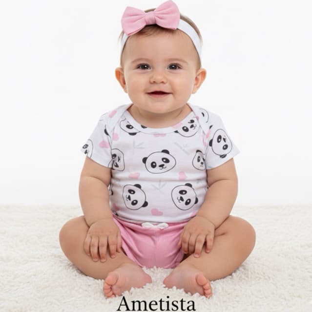 Conjunto Infantil Bebê Menina Kit Verão 3 peças com Blusa, Short e Tiara com Lacinho Algodão