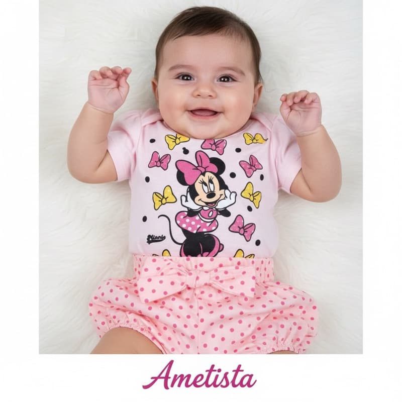 Conjunto Bebê Menina Personagens Blusinha Short de Poá Moda Infantil Bebe Kit Short e Camisa