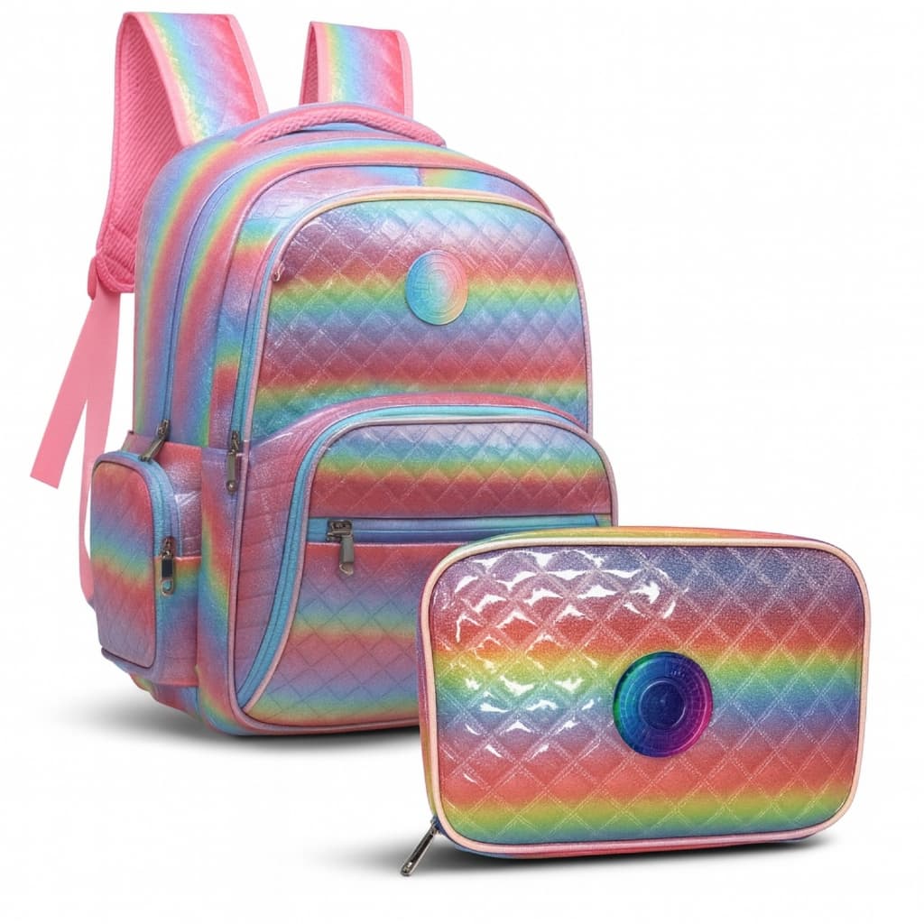 Kit Mochila Escolar Juvenil Tie Dye com Estojo Conjunto Colorido
