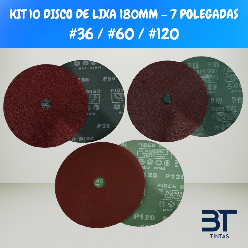 Kit 10 Lixas de Fibra Durite 180mm 7” Grãos 36 60 120 Para Pintura Porcelanato Mármore Granito