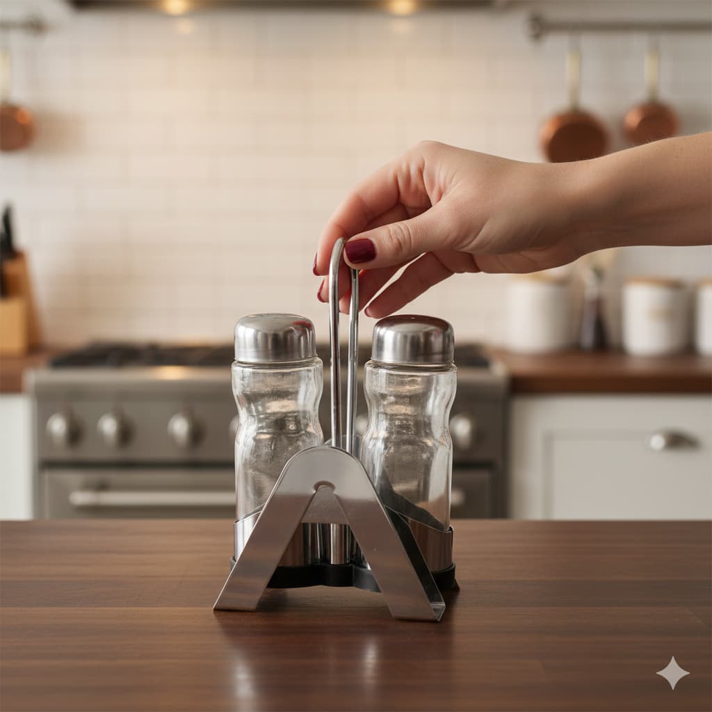 Jogo de Galheteiro em Aço Inox com Suporte para Guardanapos