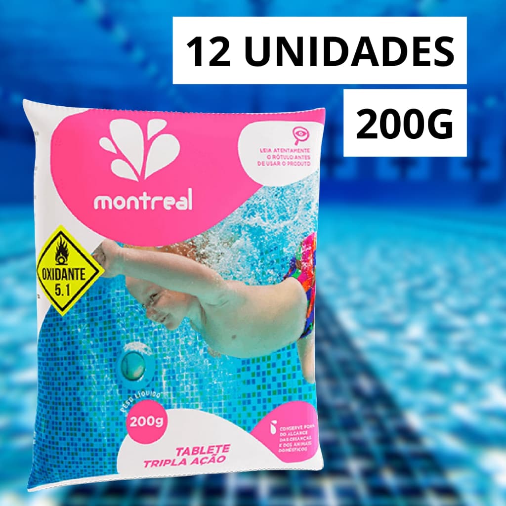 Kit 12 Pastilhas de Tablete Cloro 200g Tripla Ação Piscina Montreal
