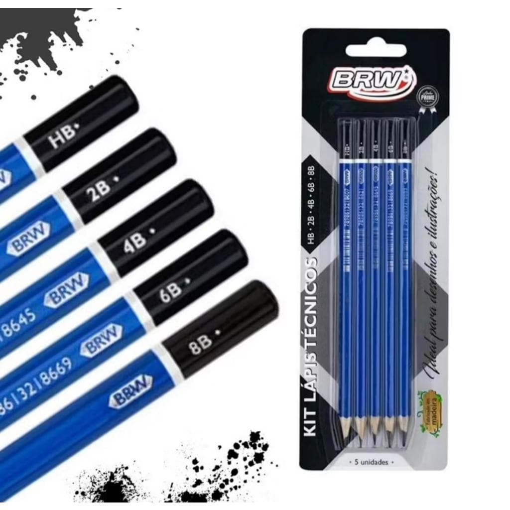 Kit Lápis Preto Técnico Madeira HB, 2B, 4B, 6B e 8B BRW Evoke – 5 Unidades | Desenho, Esboço e Escrita Profissional