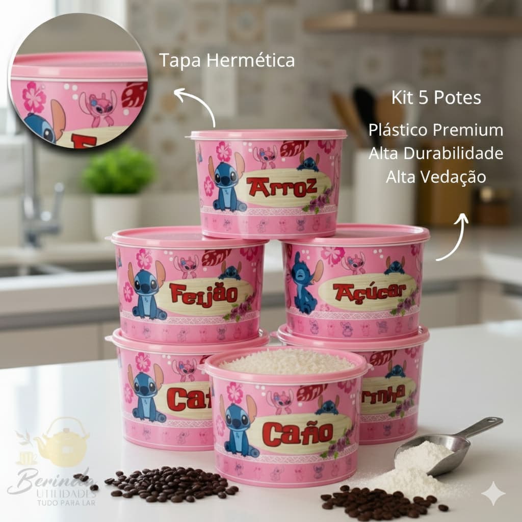 Jogo Organizador De Mantimento Animado Stitch 2 litros Cozinha