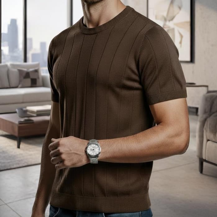 Camiseta Masculina Marrom Slim Fit Básica Lisa Tecido Premium Malha Tricot