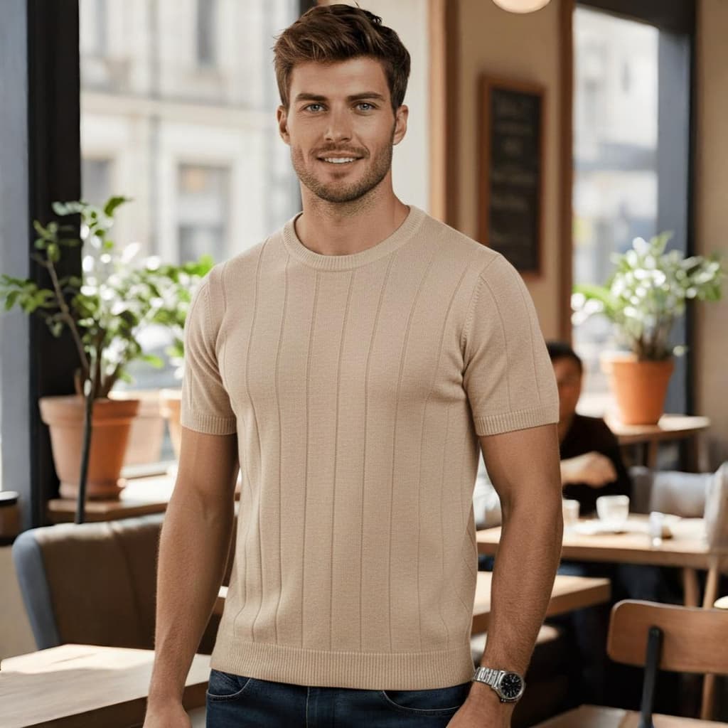 Camiseta Masculina Bege Creme Areia Slim Manga Curta Malha Canelada Luxo Tricot