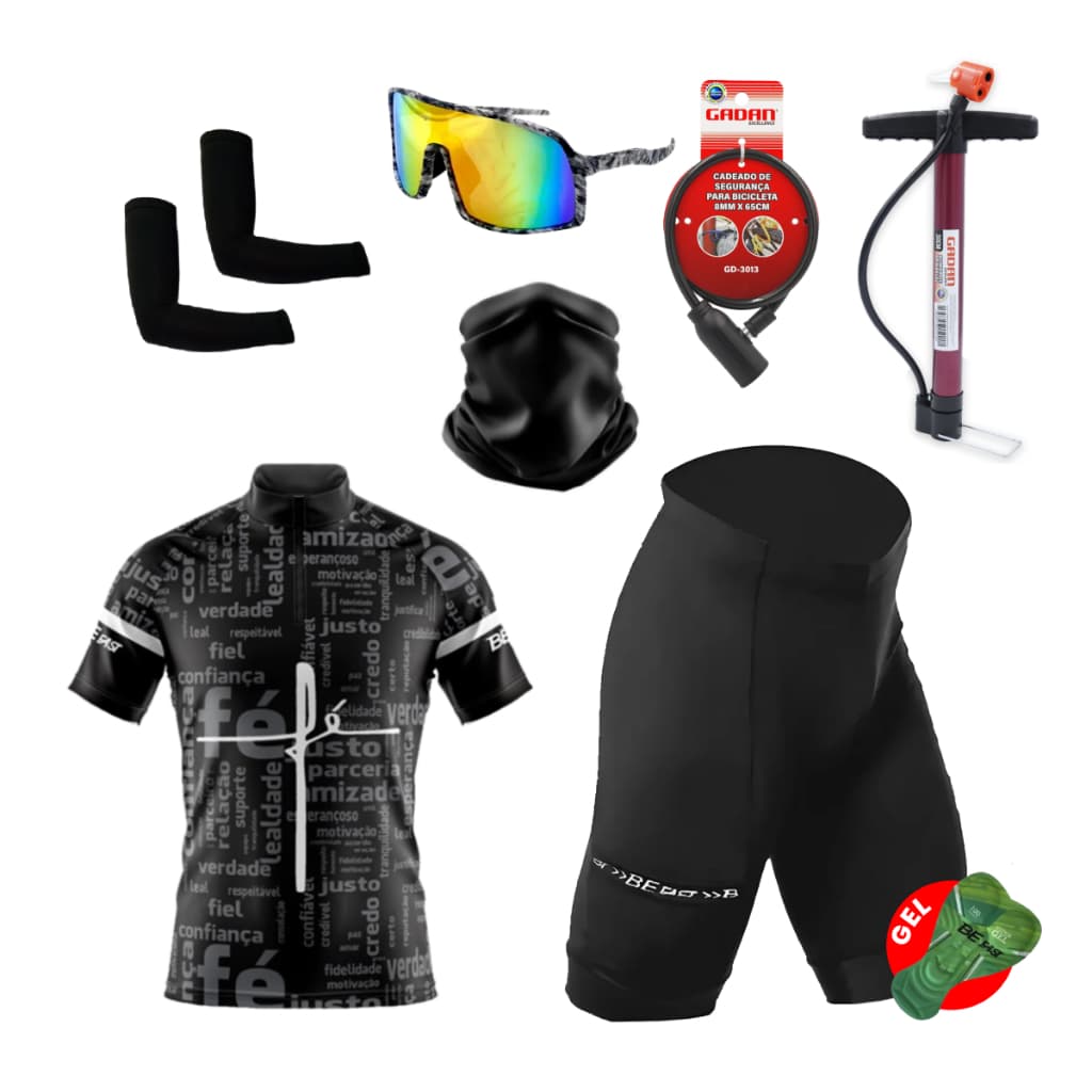 Kit Conjunto Ciclismo Camisa Bermuda Uniforme Óculos Manguito Bandana Bomba de Ar Cadeado Bicicleta