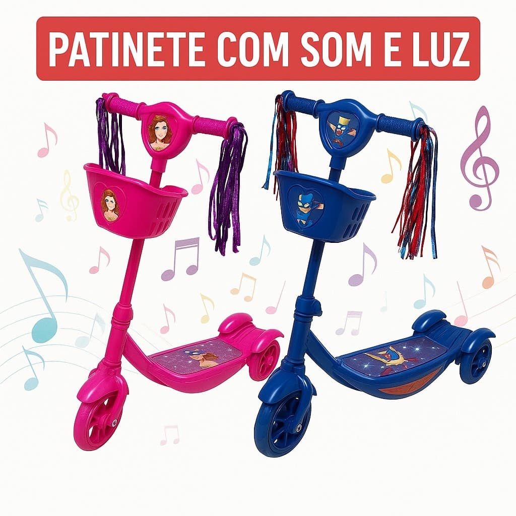 Patinete Infantil Três Rodas Dobrável Som Luz Azul  e Rosa Seguro Pratico Divertido