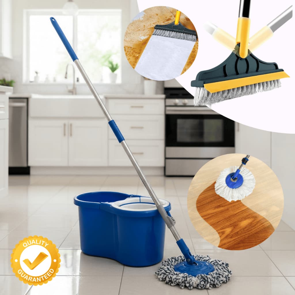 Mop Limpeza Esfregão Giratório Microfibra 360 Balde 8l cabo inox + Escova Vassoura Rodo Banheiro Box