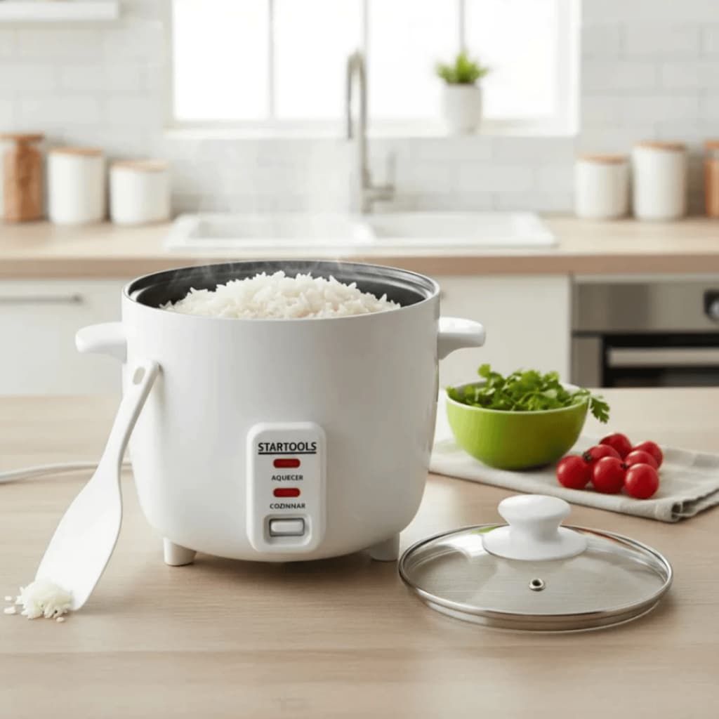 Panela de Arroz Elétrica Branca de 1,3L 220V com Função Vapor Cozinha Prática e Rápida de uso diário