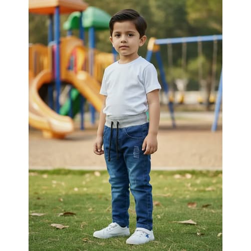 Calça Jeans menino Cós em Moletom e Cordão de Ajuste