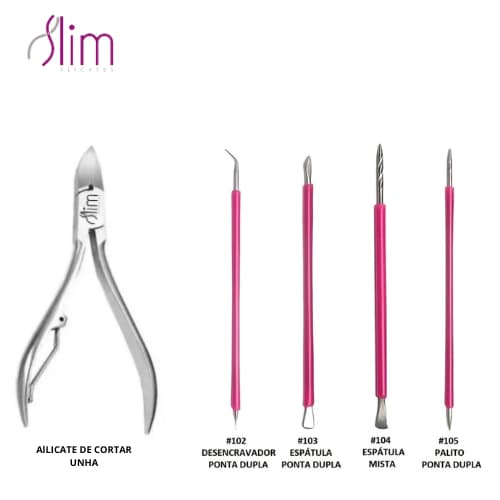 Alicate CURVO de Corte de Unha Profissional Slim + Kit Cutelaria 4 peças Palito Espátula Mista Desencravador