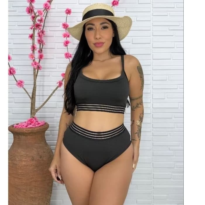 Conjunto Biquíni Top Cropped Alcinha Com Bojo Removível+ Calcinha Alta Hot Pant Elástico Vazado