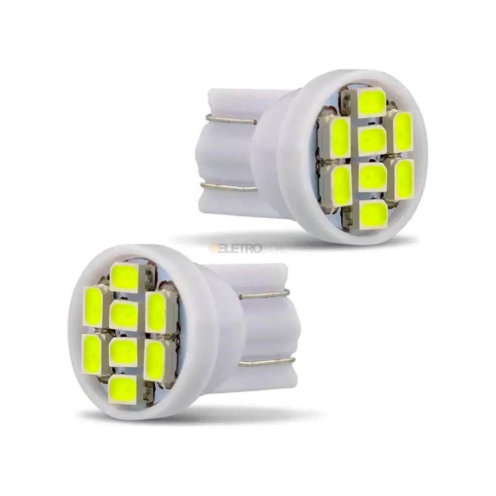 10 Lâmpada LED T10 5W 8 LEDs - Pingo Super Branco para Carro e Moto 12V 6000K Super Branca