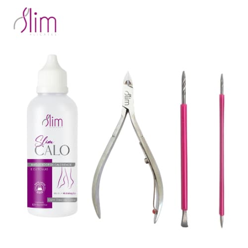 Kit Slim - Alicate de Cutícula Manicure + Amaciante de Calos e Cuticulas + Palito + Espátula Mista