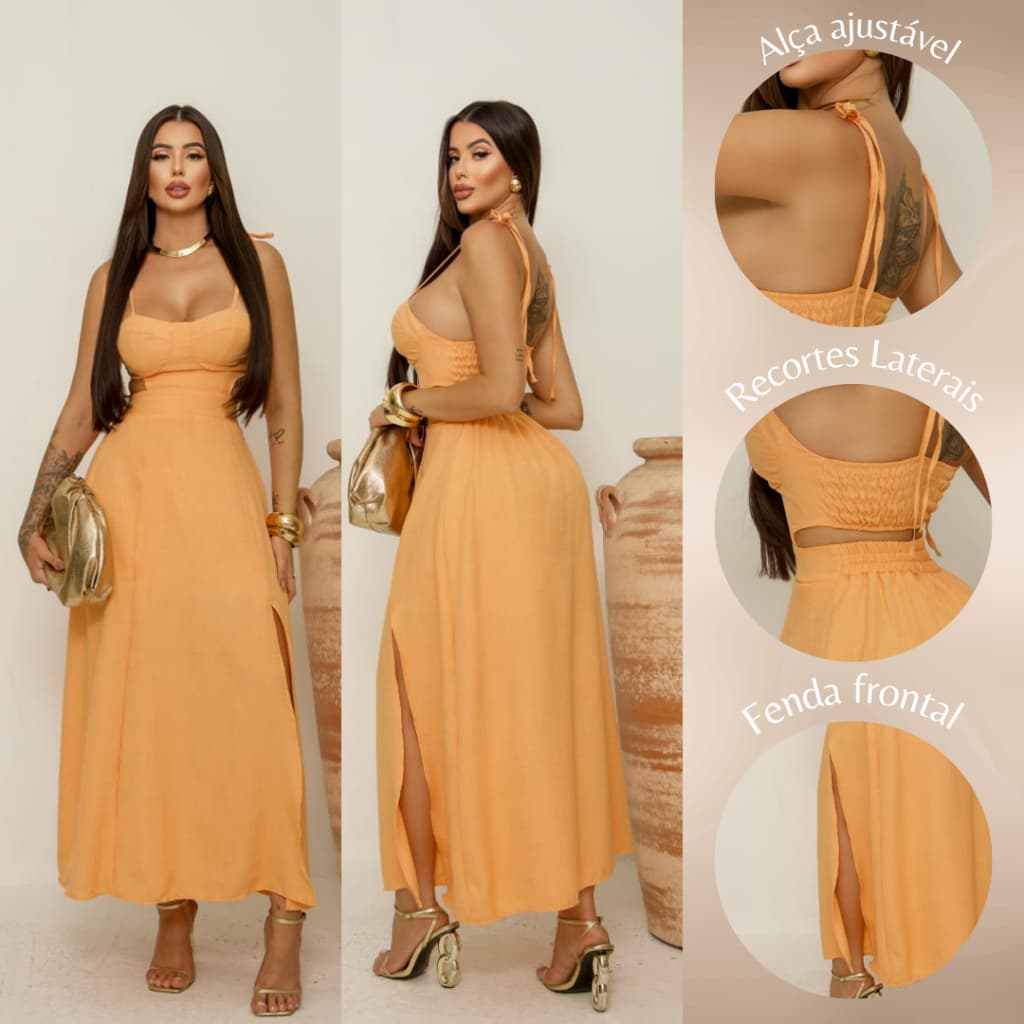Vestido Feminino Longo De Alça Ajustavel Fenda frontal, Recorte Lateral e Costas Abertas Primavera