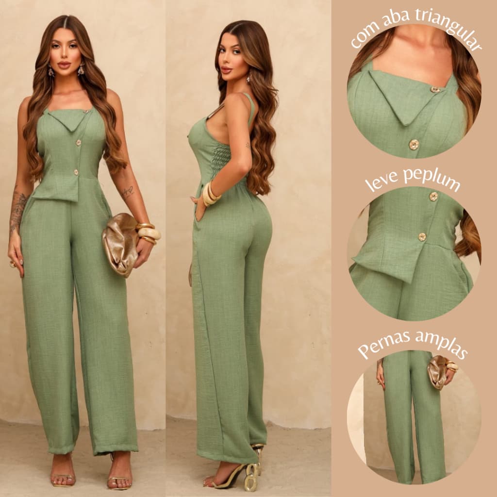 Macacão Feminino Social Elegante para o Dia das Mães com Recorte Estruturado Botões Decorativos