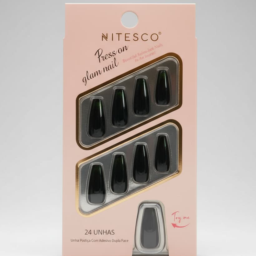 1 cx com 24 Unhas Postiça com adesivo de aploicar na Cor Preto emAltoBrilho modeloRealistakit24unhas