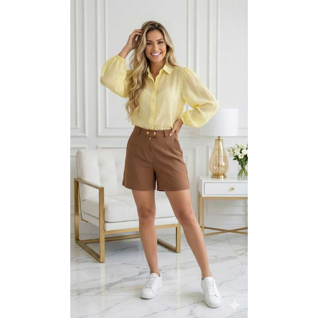 Camisa Social Feminina Manga Bufante Franzida