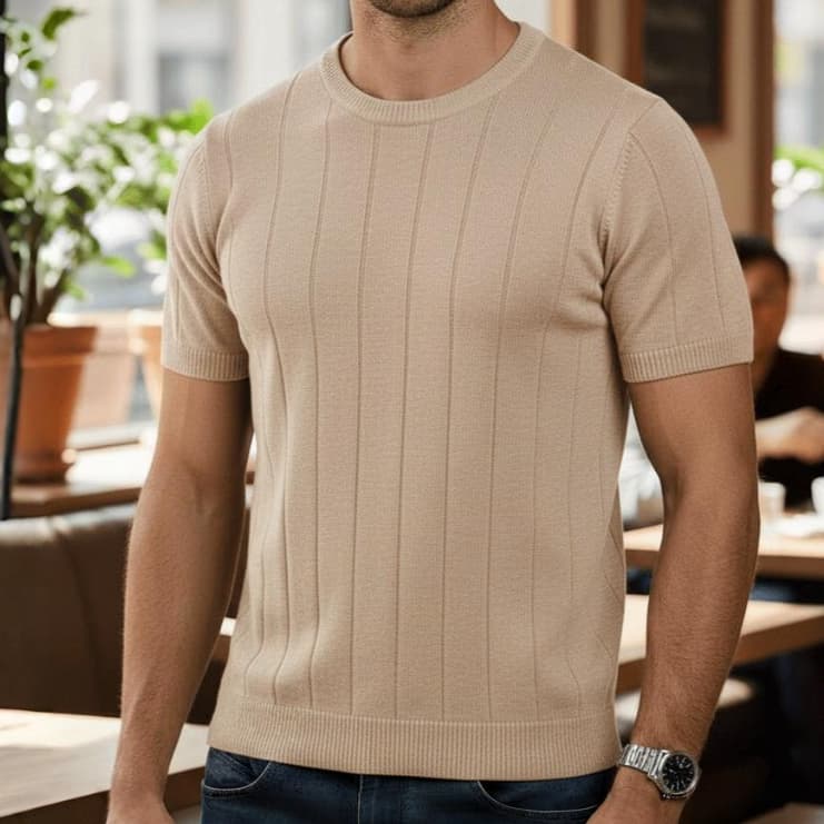 Camiseta Masculina Estilosa Gola Redonda Slim Malha Canelada Básica Tricot