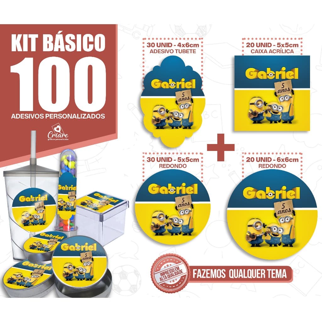 Kit Básico - 100 unid. Adesivos Personalizados - QUALQUER TEMA - P/ Latinha, Tubete, Lembrancinha personalizada