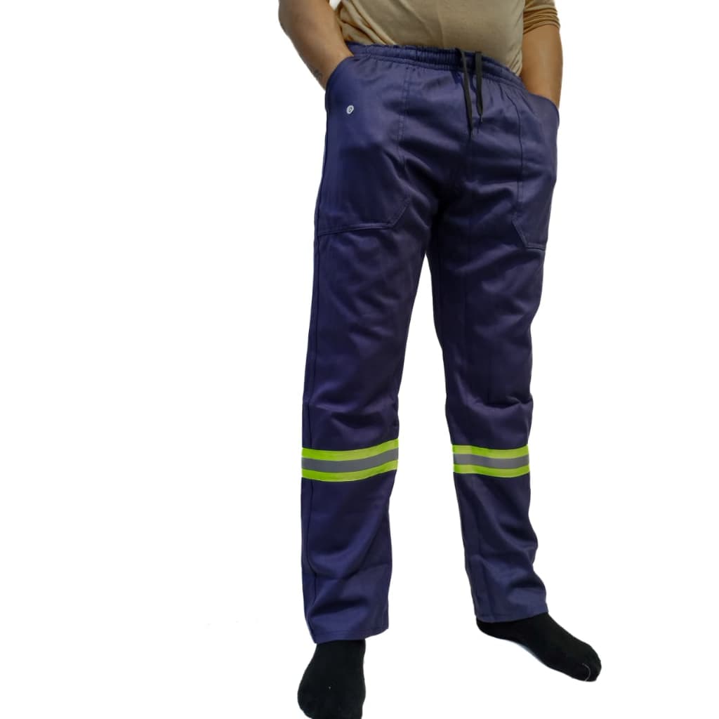Calça Brim Profissional Plus Size Azul Marinho com Faixa de Segurança Refletiva Uniforme