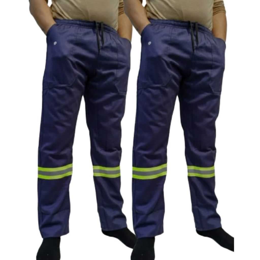 KIT 2 Calças Brim Profissional para Trabalho Azul Marinho Com Faixa De Segurança Refletiva Uniforme