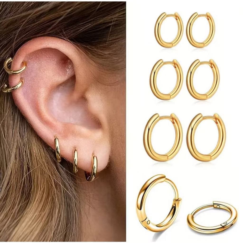 3 pares de argolinhas em aço Brincos - INOX  Dourado ou Prata 8mm,10mm,12mm