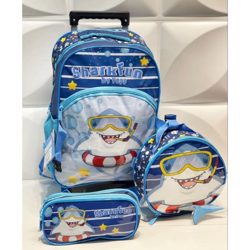 Kit Mochila de Rodinha Lancheira e Estojo Yepp MIM6325-C/ KIT MOCHILA TUBARÃO/ MOCHILA YEPP/ MOCHILA BABY SHARK