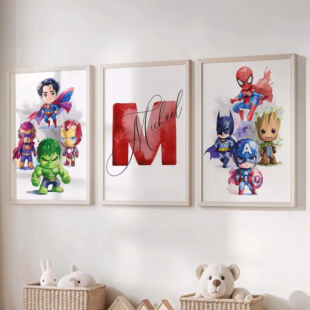 Quadro Decorativo Super heróis Vingadores Homem Aranha Batman Ferro Personalizado com Nome Grande