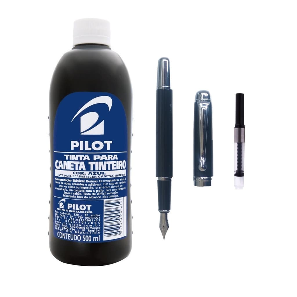 Tinta Caneta Tinteiro Pilot Azul 500ml + Caneta Tinteiro Nukin Metal