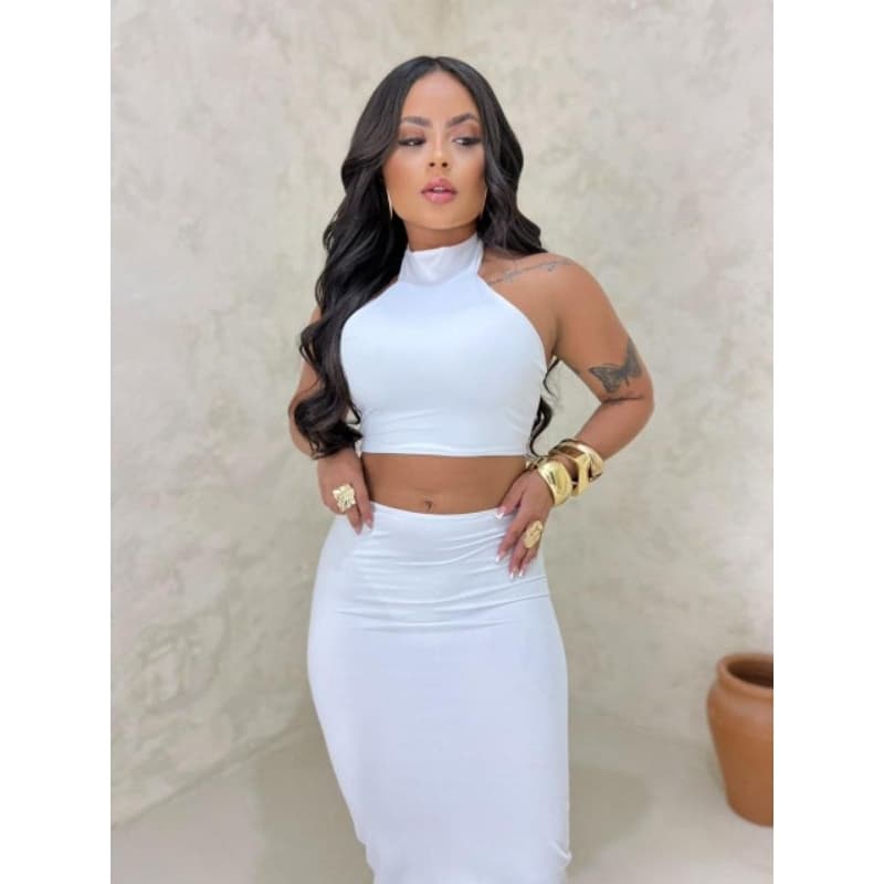 Conjunto Feminino com Top Frente Única e saia Midi Modelo Festa Tendência  do Verão