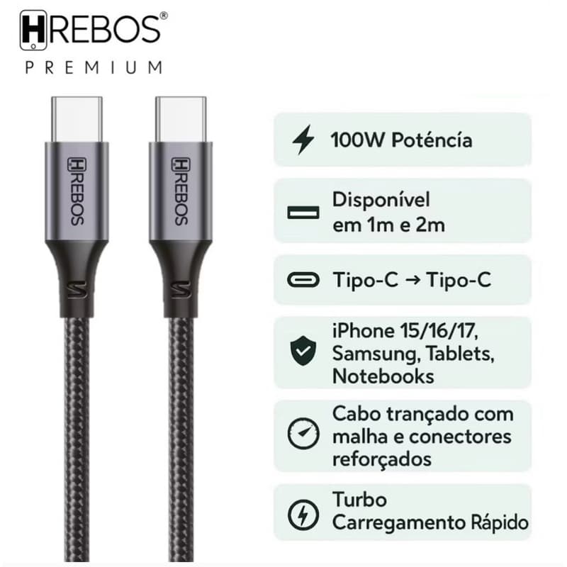 Cabo Midnight Tipo-C 100W Hrebos CB-362C | iPhone 15/16/17 | Samsung | Notebook | 1m 2m e 3m | Nylon Reforçado