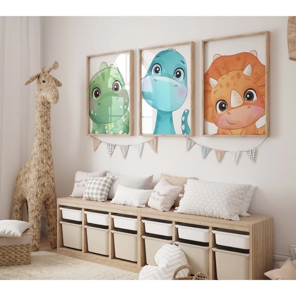 Quadro decorativo 3 peças Dinossauros coloridos decoraçao infantil quartinho