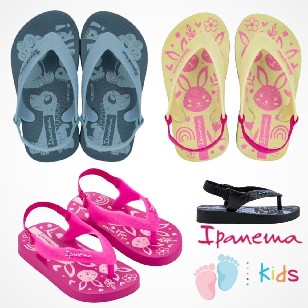 Chinelo Infantil Ipanema Elástico Baby Menino e Menina Original Grendene - Azul Dino Preto Urso Rosa Coelhinha e Bege