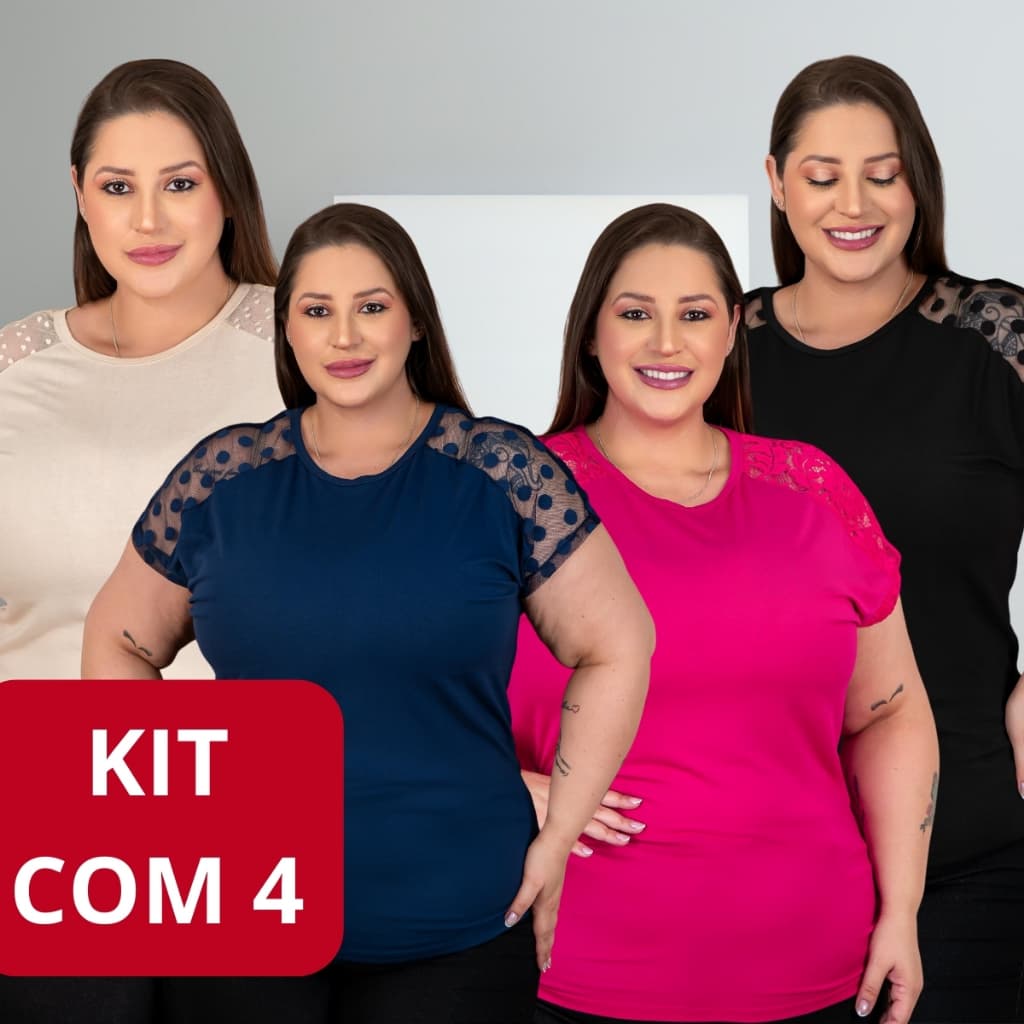 Kit Com 4 Blusa Plus Size Feminina Tecido Viscolycra Detalhe De Renda no Ombro