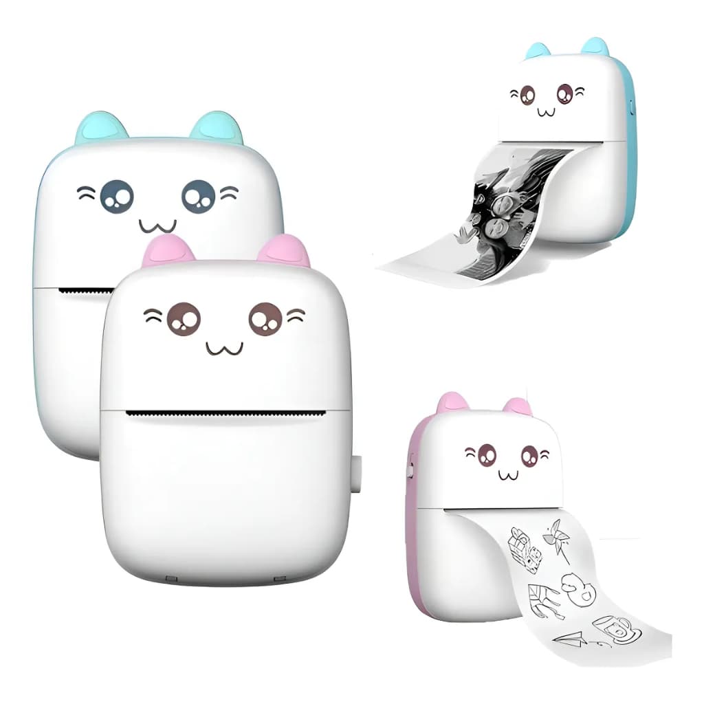 Mini Impressora Térmica Portátil de Gatinho com Bluetooth Rosa, p/ Fotos e Etiquetas com 1 Rolo