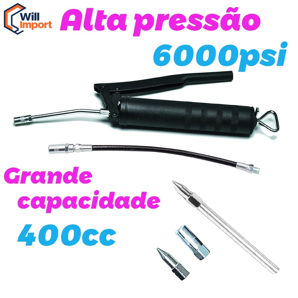 Bomba De Graxa Engraxadeira Manual Extensão Rígida E Flexível 500g Com Bico Acoplador E Pontiagudo