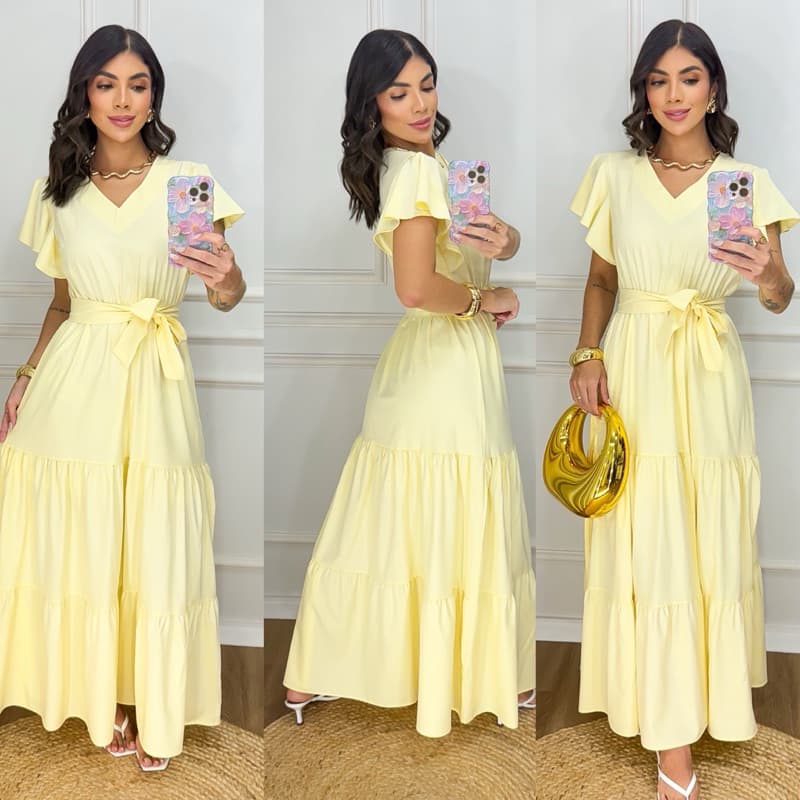 vestido longo feminino luxo manga babado em crepe seda com forro acompanha cinto de amarrar