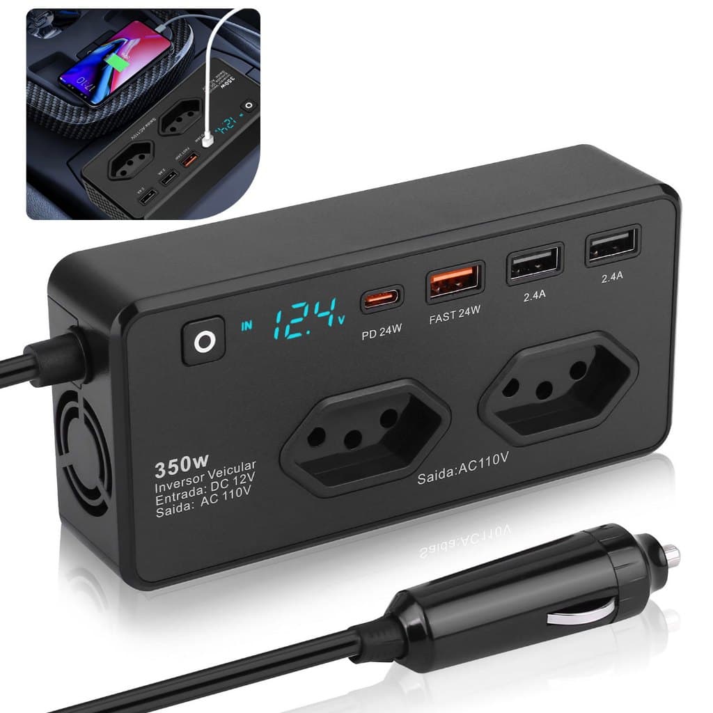 Inversor conversor de 350W de 12V para 110V com tomada de parede e quatro portas USB de 5V 1.2A
