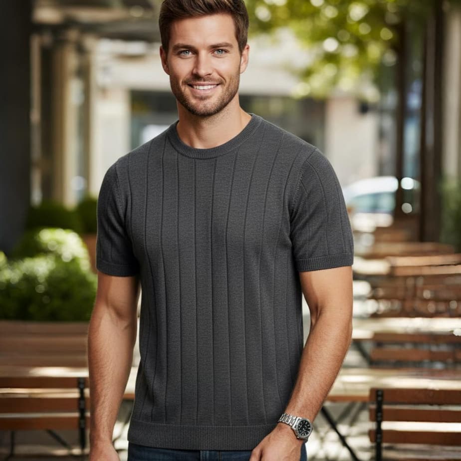 Camiseta Masculina De Tricot Malha Premium Canelada Slim Gola Redonda Luxo