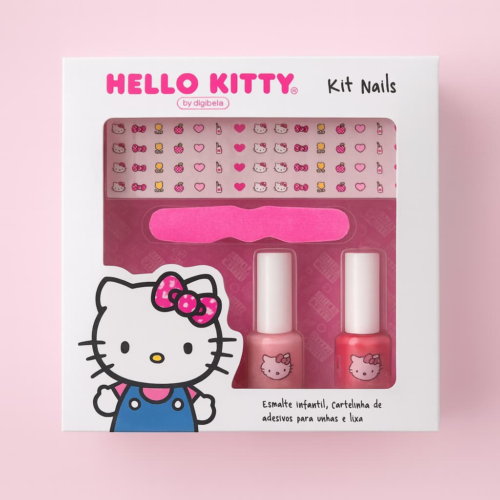 Kit de Manicure Infantil Hello Kitty 4 Peças | Lixa de Unha Esmalte Adesivo Criança Menina