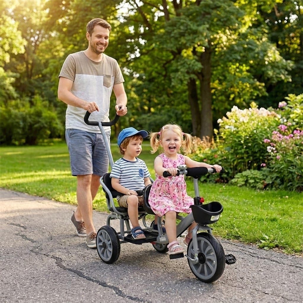 Triciclo Infantil Duplo 2 Lugares Empurrador Carrinho Passeio Cesto Campainha Haste Guia Brinquedo