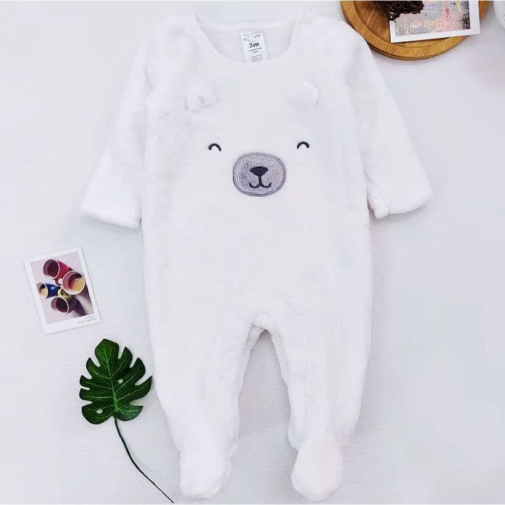 Macacão Bebê Peluciado Ursinho Quente Inverno Infantil Branco