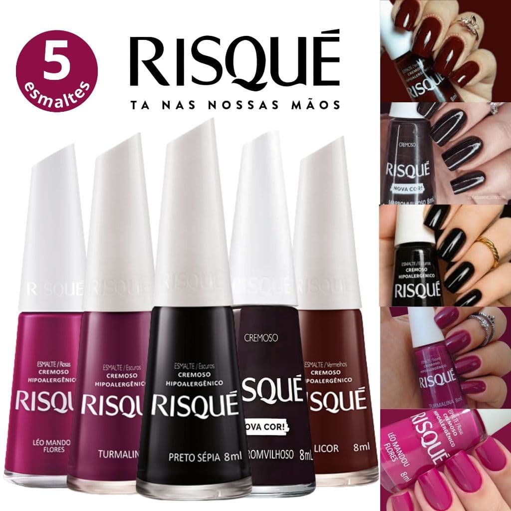 Kit 5 Esmaltes Risqué Tons Escuros Roxo Marrom Preto Esmalte Atacado