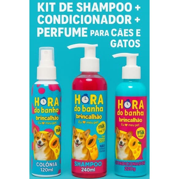 Kit 1 Shampoo Neutraliza Odores + 1 Condicionador Pelos Lisos + 1 Perfume Alta Fixação Para Cães e Gatos Brincalhão
