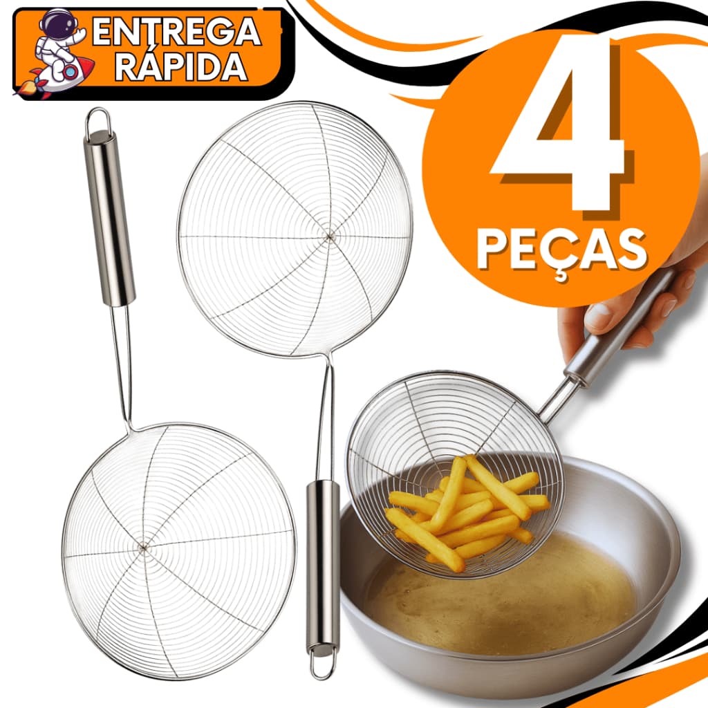 Jogo 04 Unidades - Fritadeira Escumadeira 17cm Inox com Cabo Longo Cozinha Profissional p/ Frituras Salgados Variáveis
